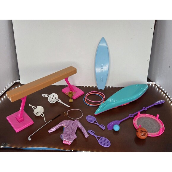 Barbie Sports Accessories Lot Kayak Surfboard Balance Beam Paddle Trophy Mattel - Picture 11 of 15